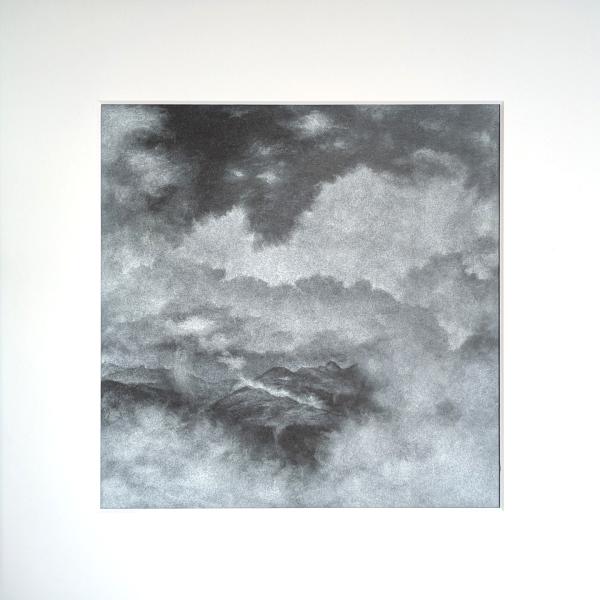 white pastell drawing of a mountain covered in clouds