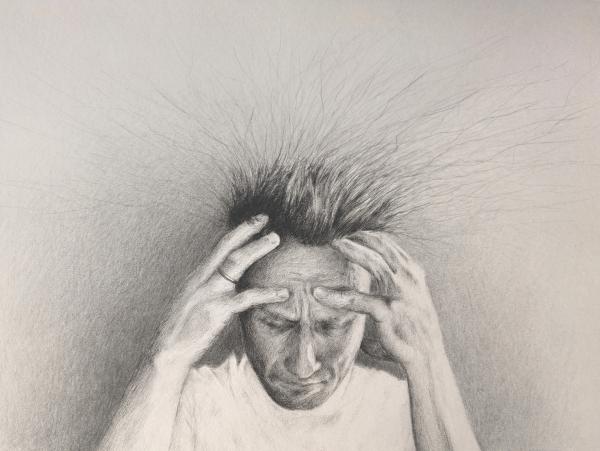 self-portrait, having a migraine, pain affected facial expressions, both hands on the heade and hair that becomes light threads or flashes of lightning
