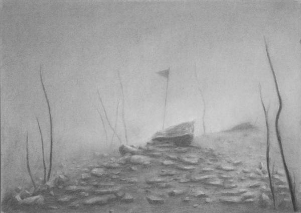 stoney hill and small dead trees with a trinagle flag on the top in a foggy landscape
