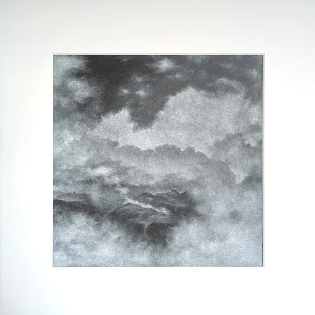 white pastell drawing of a mountain covered in clouds
