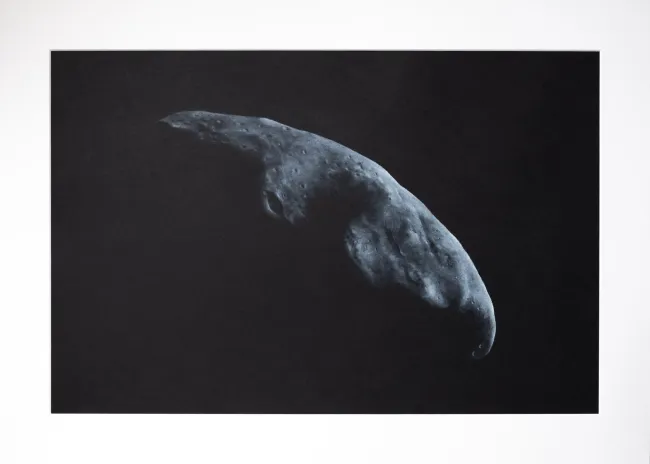 black and white asteroid named Eros, with little light from above on black background